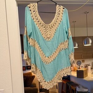 Crochet Trim Aqua and Tan Tunic